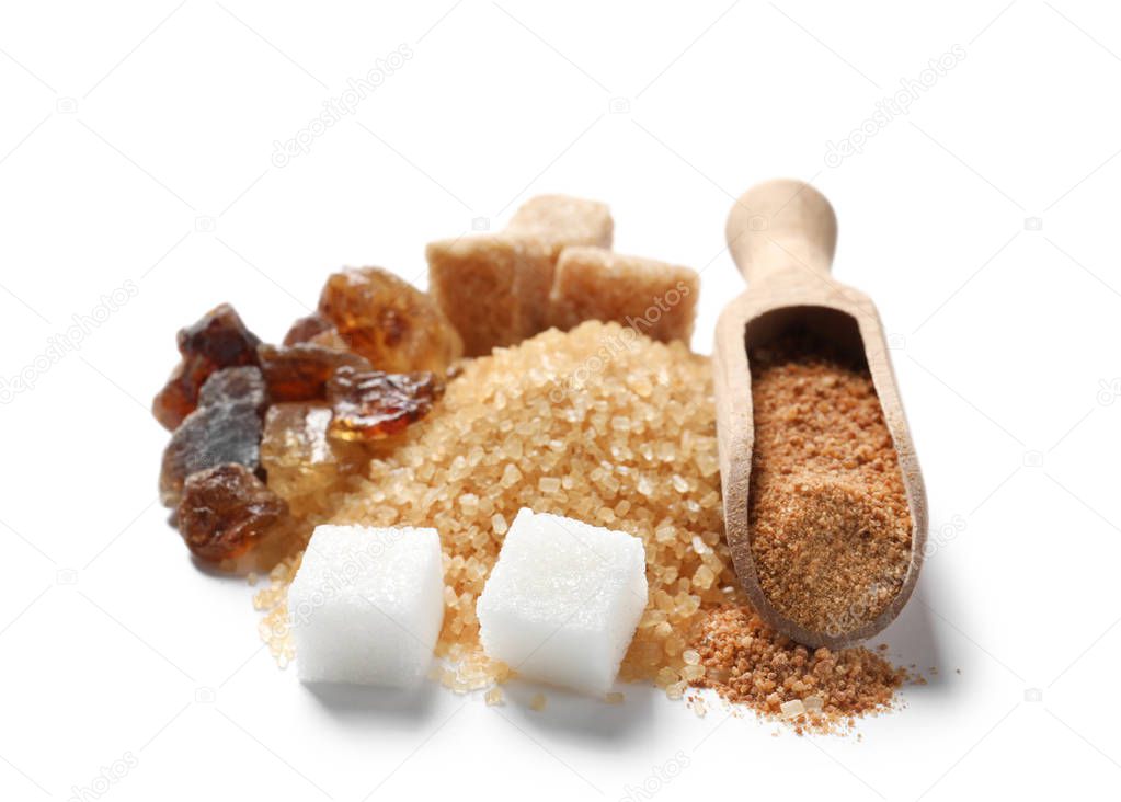 Various kinds of sugar on white background