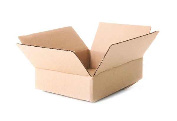 Abrir caja de cartón vacía sobre fondo blanco — Foto de Stock
