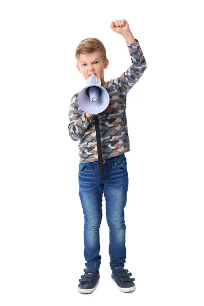 Симпатичный маленький мальчик с мегафоном на белом фоне — стоковое фото