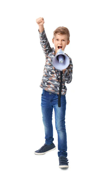 Menino bonito com megafone no fundo branco — Fotografia de Stock