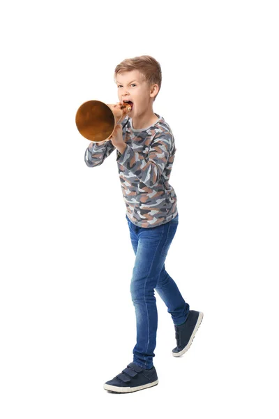 Cute little boy with megaphone on white background — Stock Photo, Image