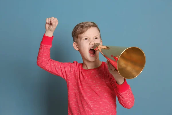 Aranyos kisfiú megafon a színes háttér — Stock Fotó
