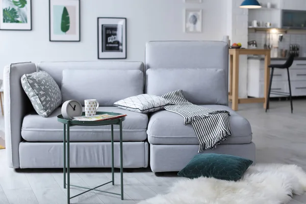 Elegante salón interior con cómodo sofá —  Fotos de Stock