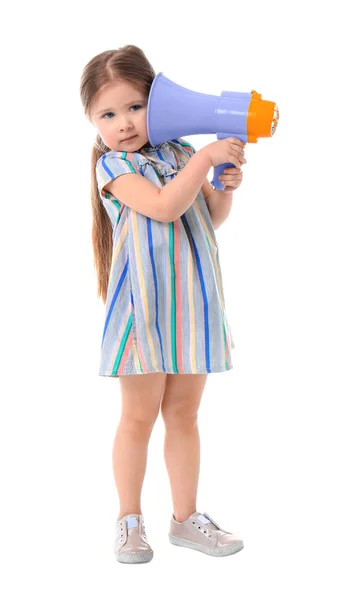 Adorável menina com megafone no fundo branco — Fotografia de Stock