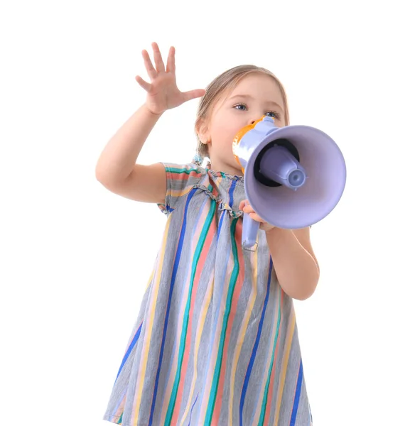 Adorable niña con megáfono sobre fondo blanco —  Fotos de Stock