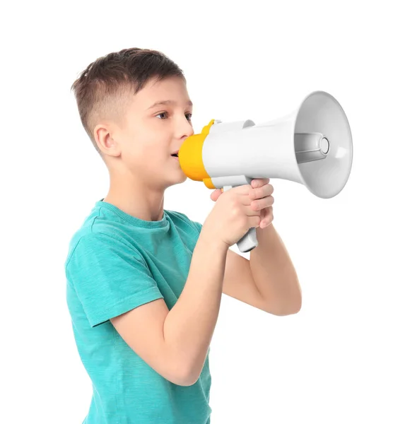 Cute little boy with megaphone on white background — Stock Photo, Image