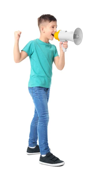 Lindo niño pequeño con megáfono sobre fondo blanco — Foto de Stock