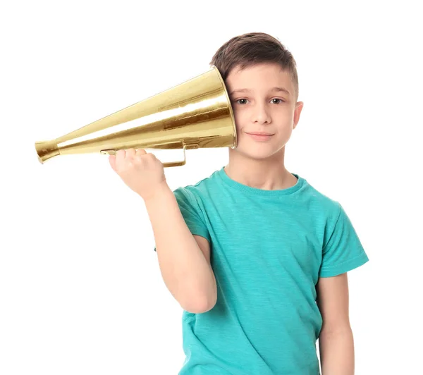 Schattig jongetje met megafoon op witte achtergrond — Stockfoto