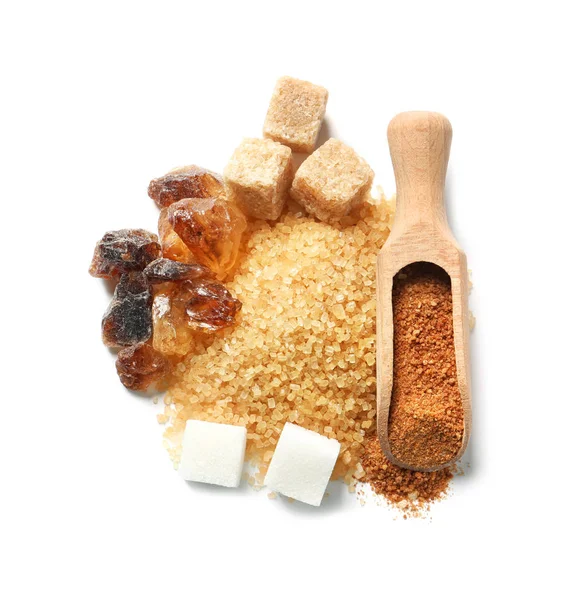 Vários tipos de açúcar no fundo branco — Fotografia de Stock