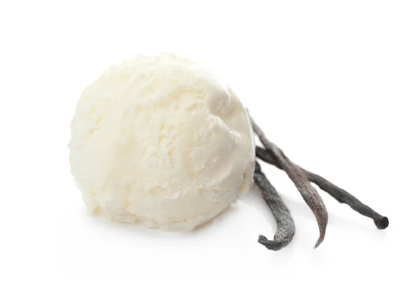 Ball of tasty vanilla ice cream and pods on white background — Stock Photo, Image