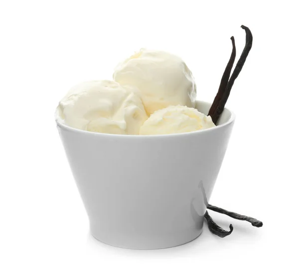 Bowl with tasty vanilla ice cream and pods on white background — Stock Photo, Image