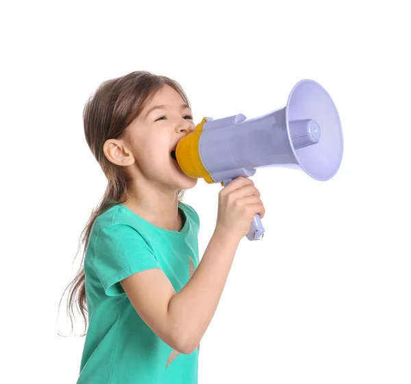 Adorável menina com megafone no fundo branco — Fotografia de Stock