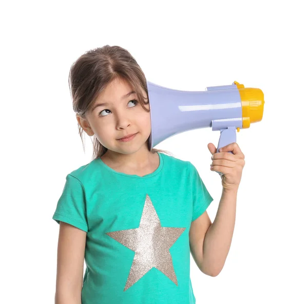 Adorável menina com megafone no fundo branco — Fotografia de Stock