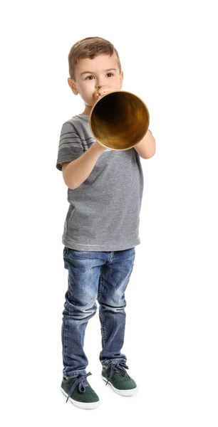 Mały chłopiec z rocznika megafon na białym tle — Zdjęcie stockowe