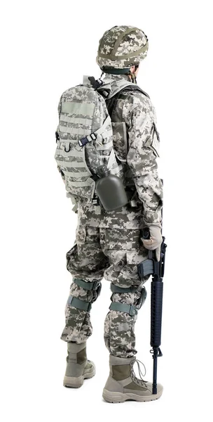 Male soldier with machine gun on white background. Military service — Stock Photo, Image