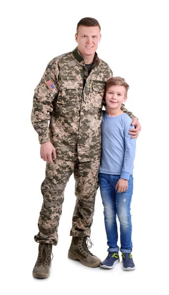 Male soldier with his son on white background. Military service — Stock Photo, Image