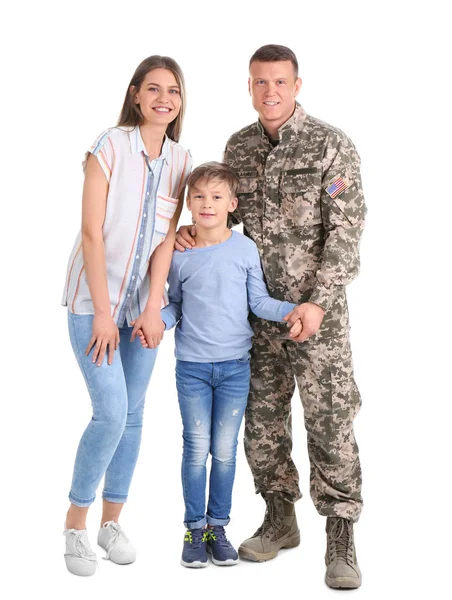 Male soldier with his family on white background. Military service — Stock Photo, Image