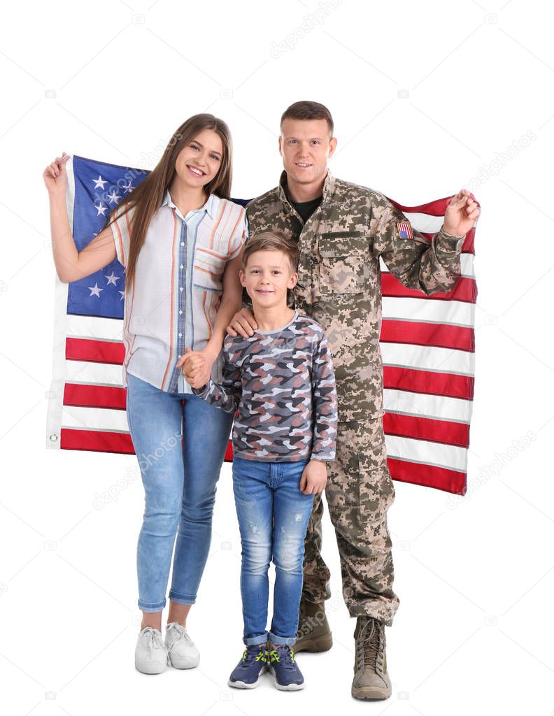 American soldier with his family on white background. Military service