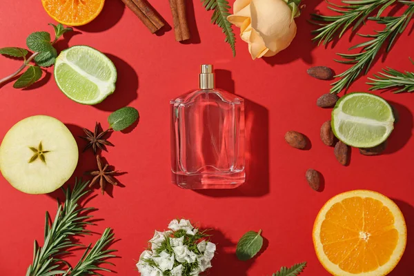 Bela composição com garrafa de perfume sobre fundo de cor, flat lay — Fotografia de Stock