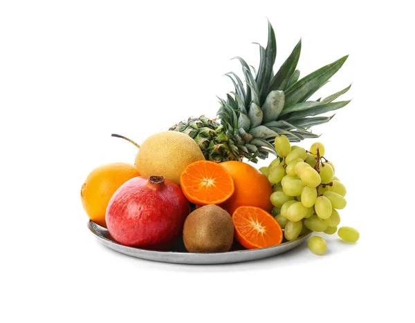 Plate with fresh tropical fruits on white background — Stock Photo, Image