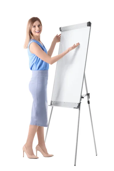 Mujer Entrenadora Negocios Haciendo Una Presentación Sobre Fondo Blanco — Foto de Stock