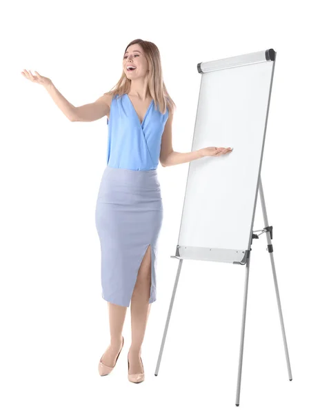 Mujer Entrenadora Negocios Haciendo Una Presentación Sobre Fondo Blanco — Foto de Stock