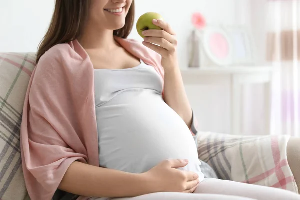 Young Pregnant Woman Holding Apple Home — Stock Photo, Image