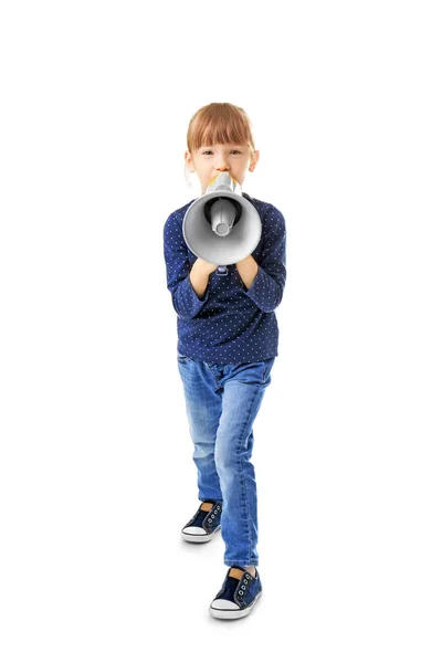 Menina bonito com megafone no fundo branco — Fotografia de Stock