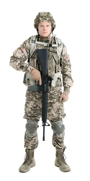 白い背景の上の機関銃と兵士の男性。軍事サービス — ストック写真