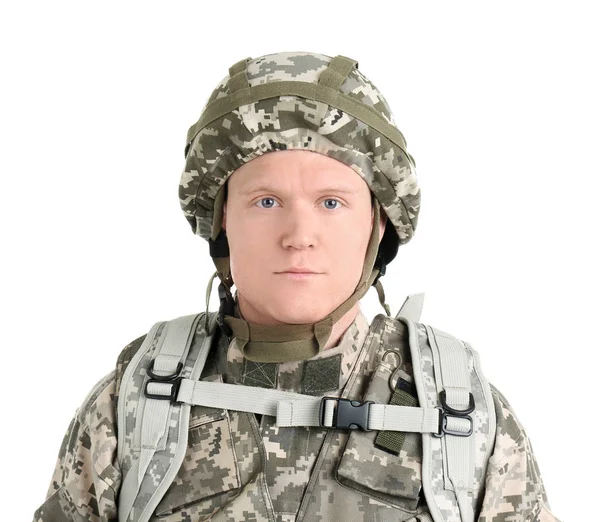 Soldado de fundo branco. Serviço militar — Fotografia de Stock