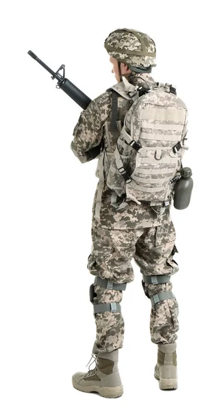 Male soldier with machine gun on white background. Military service — Stock Photo, Image