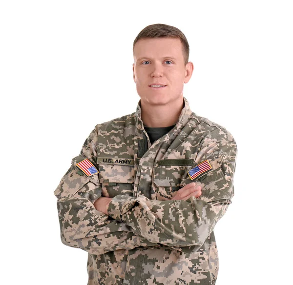 Férfi katona fehér háttér. Katonai szolgálat — Stock Fotó