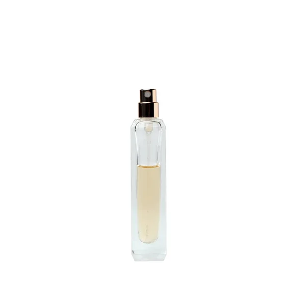 Doorzichtige fles parfum op witte achtergrond — Stockfoto