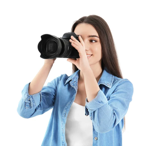 Female photographer with camera on light background — Stock Photo, Image