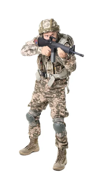 Muž voják s kulometem na bílém pozadí. Vojenská služba — Stock fotografie