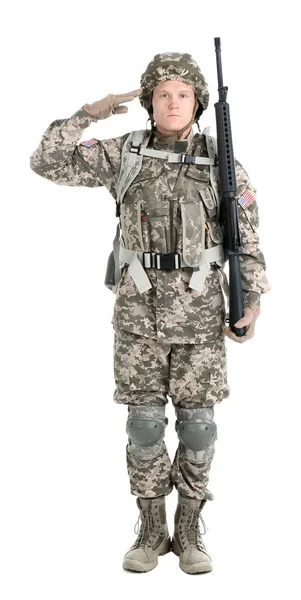 Muž voják s kulometem na bílém pozadí. Vojenská služba — Stock fotografie