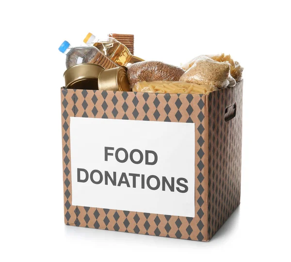 Spendenbox mit Lebensmitteln auf weißem Hintergrund — Stockfoto