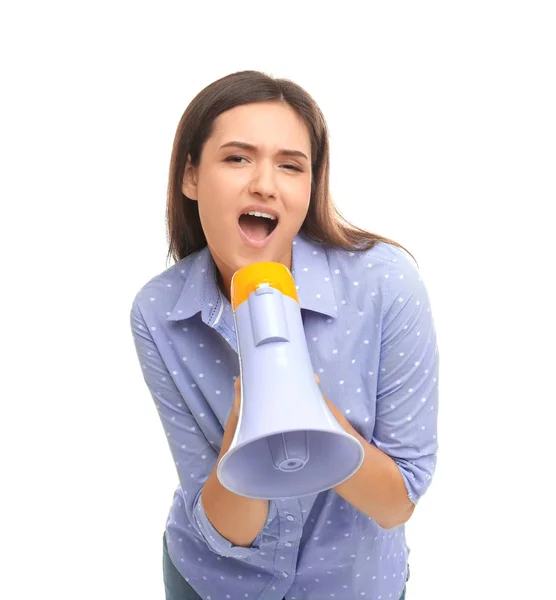 Jovem mulher com megafone no fundo branco — Fotografia de Stock