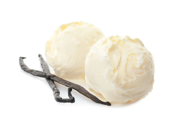 Balls of tasty vanilla ice cream and sticks on white background