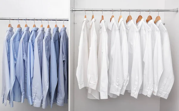 Rekken met schone kleren na chemisch reinigen op hangers in de kast — Stockfoto