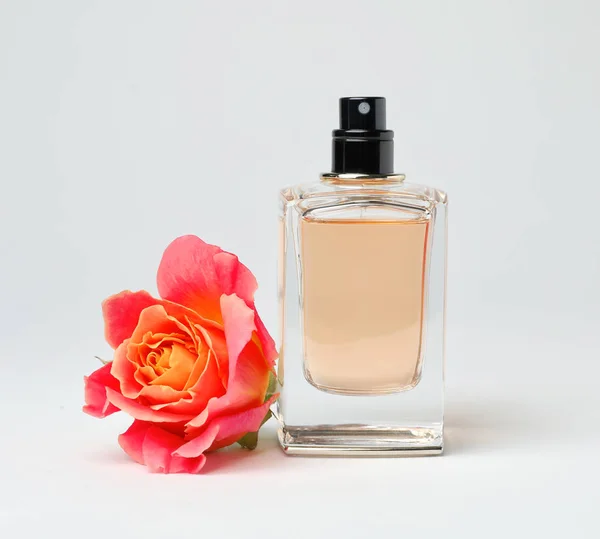 Doorzichtige fles parfum met mooie roos op witte achtergrond — Stockfoto