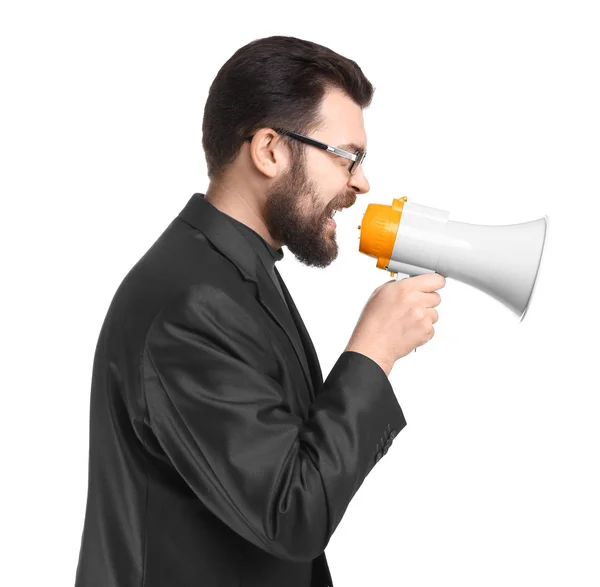 Fiatal üzletember kiabálás megafon, fehér háttér — Stock Fotó