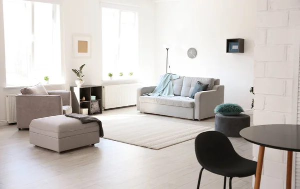 Modern living room interior with stylish sofa and carpet — Stock Photo, Image