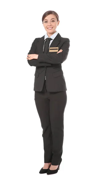Portret van vrouwelijke receptioniste op witte achtergrond — Stockfoto