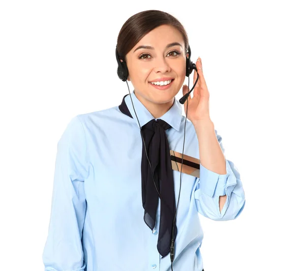 Receptionist femminile con auricolare su sfondo bianco — Foto Stock