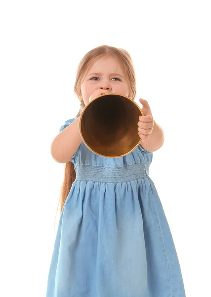 Красивая Маленькая Девочка Винтажным Мегафоном Белом Фоне — стоковое фото
