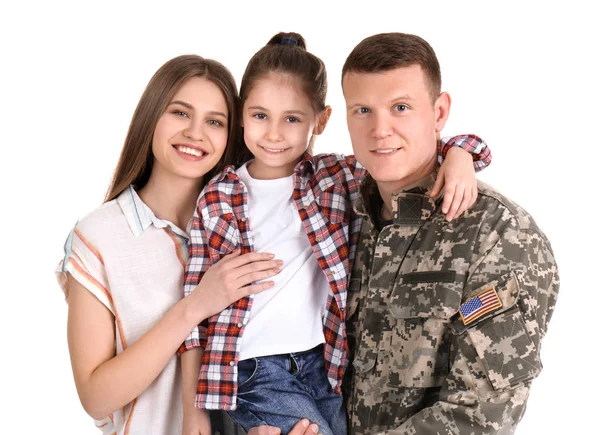 Mannelijke Soldaat Met Zijn Familie Witte Achtergrond Militaire Dienst — Stockfoto