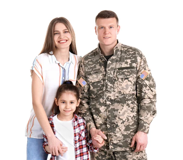 Żołnierz Rodziną Białym Tle Służba Wojskowa — Zdjęcie stockowe