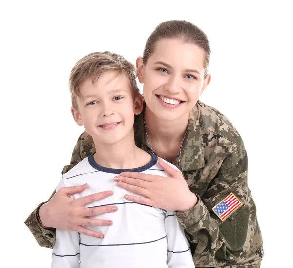 Vrouwelijke Soldaat Met Haar Zoon Witte Achtergrond Militaire Dienst — Stockfoto