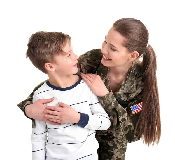 Soldado Feminino Com Filho Fundo Branco Serviço Militar — Fotografia de Stock